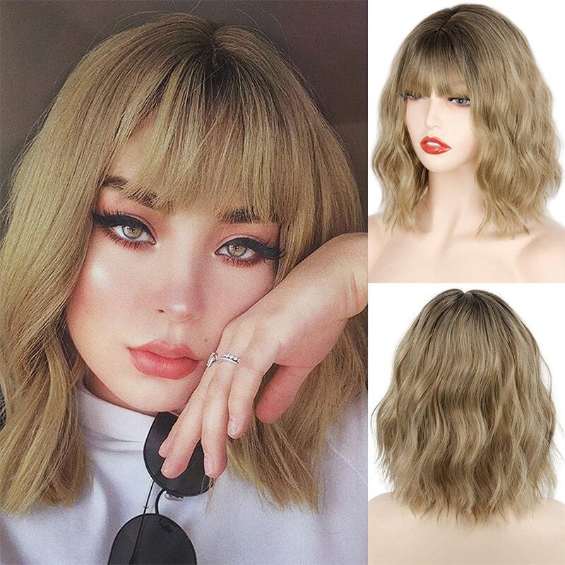 Women's Ombre Blonde Hair Wig Short Wavy High-Temperature Fiber