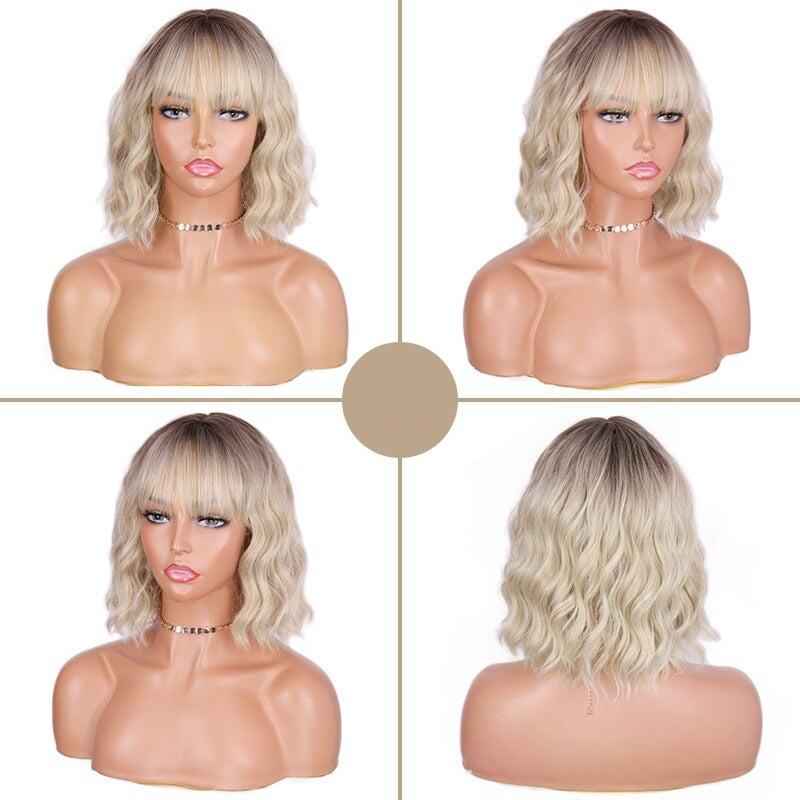 Women's Ombre Blonde Hair Wig Short Wavy High-Temperature Fiber