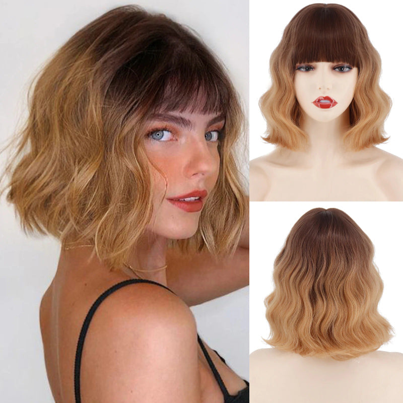 Women's Ombre Blonde Hair Wig Short Wavy High-Temperature Fiber