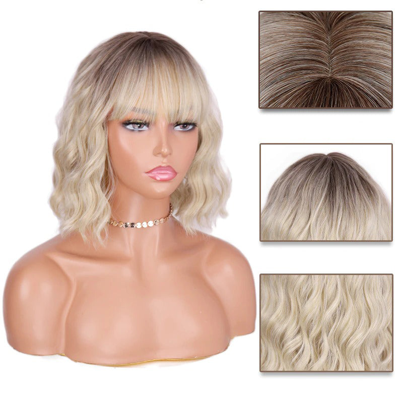 Women's Ombre Blonde Hair Wig Short Wavy High-Temperature Fiber