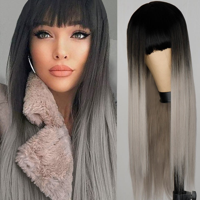 Women's Ombre Gray Wig with Bangs Long High-Temperature Fiber