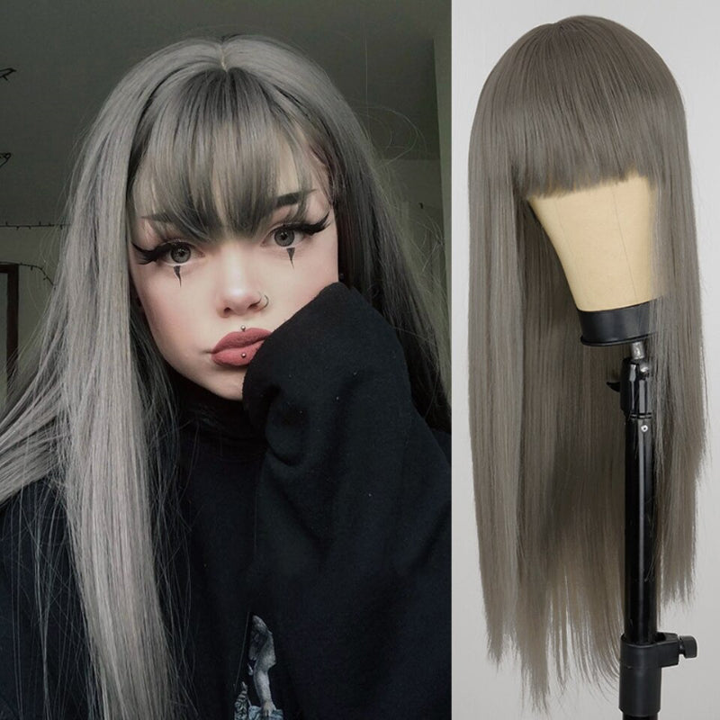 Women's Ombre Gray Wig with Bangs Long High-Temperature Fiber
