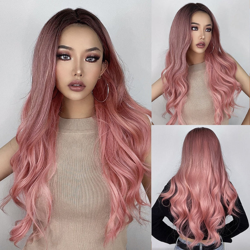 Women's Ombre Pink Long Wavy Wig Synthetic Hair