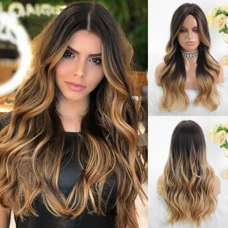 Women's Ombre Pink Long Wavy Wig Synthetic Hair