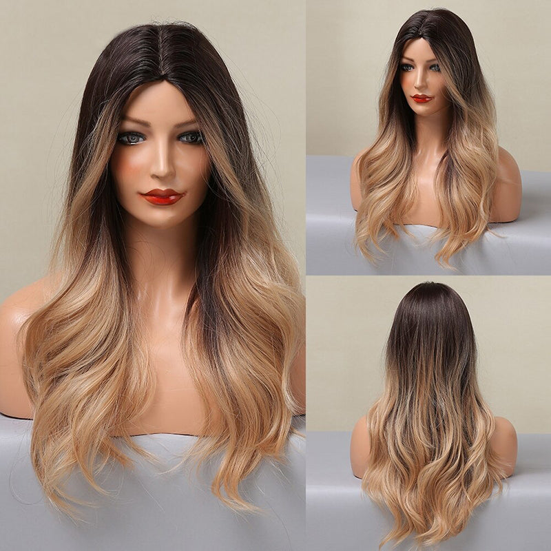 Women's Ombre Pink Long Wavy Wig Synthetic Hair