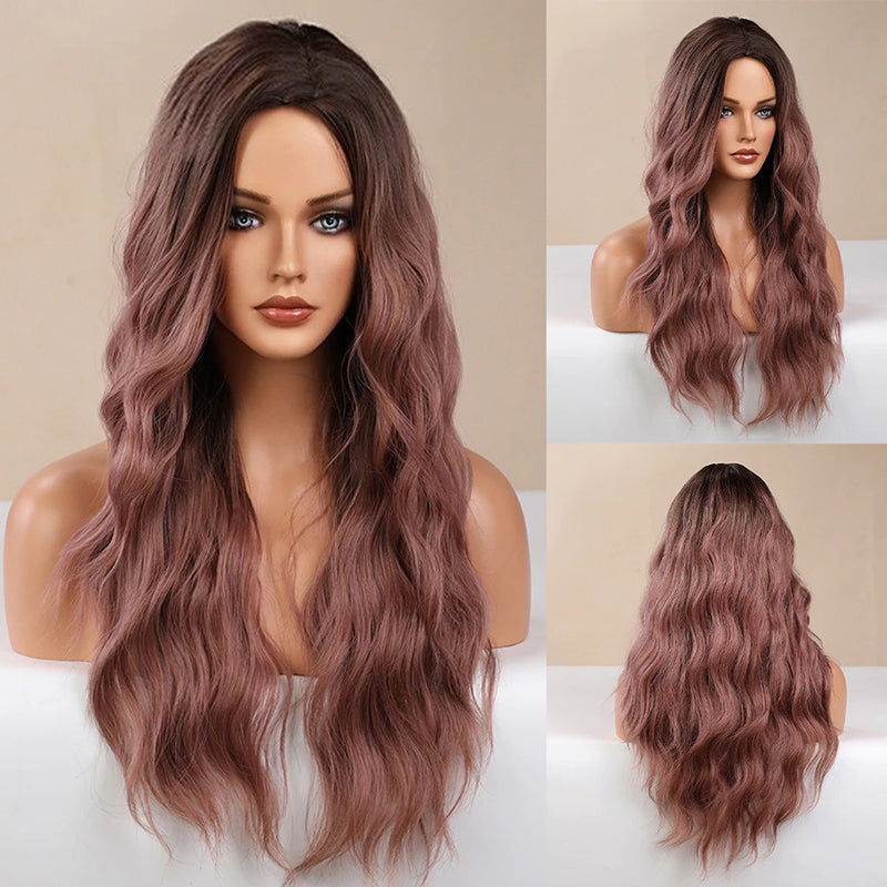 Women's Ombre Pink Long Wavy Wig Synthetic Hair