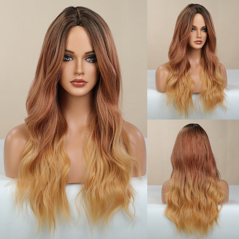 Women's Ombre Pink Long Wavy Wig Synthetic Hair