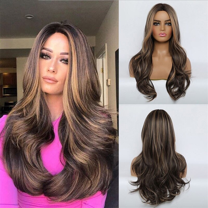 Women's Ombre Pink Long Wavy Wig Synthetic Hair