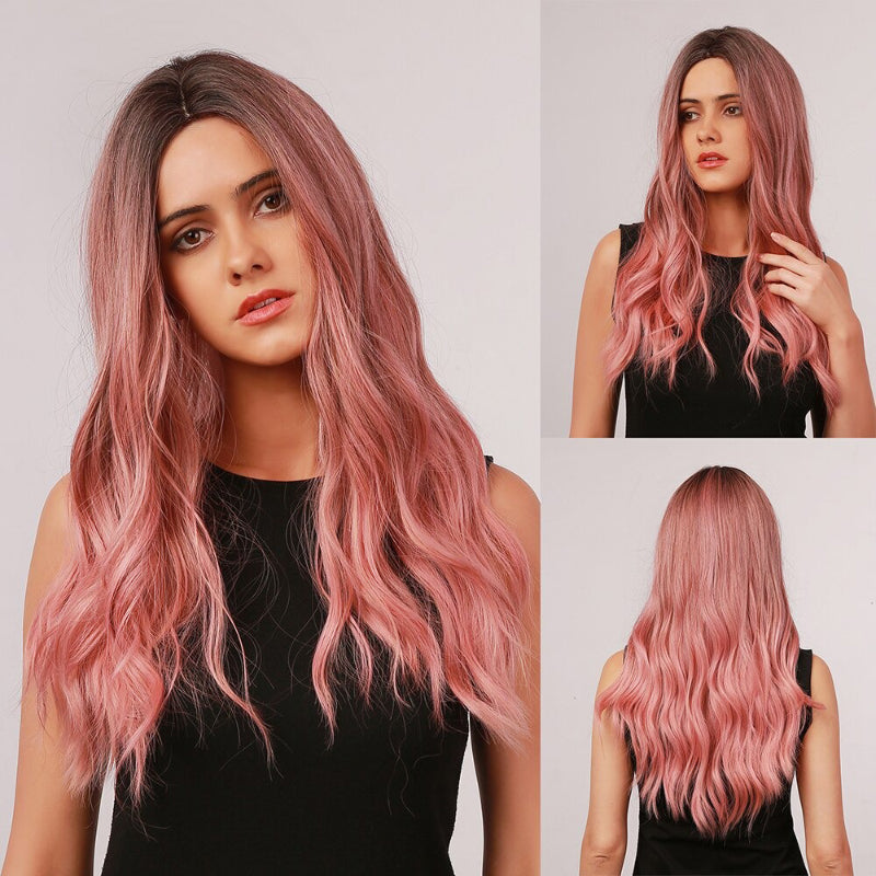 Women's Ombre Pink Long Wavy Wig Synthetic Hair