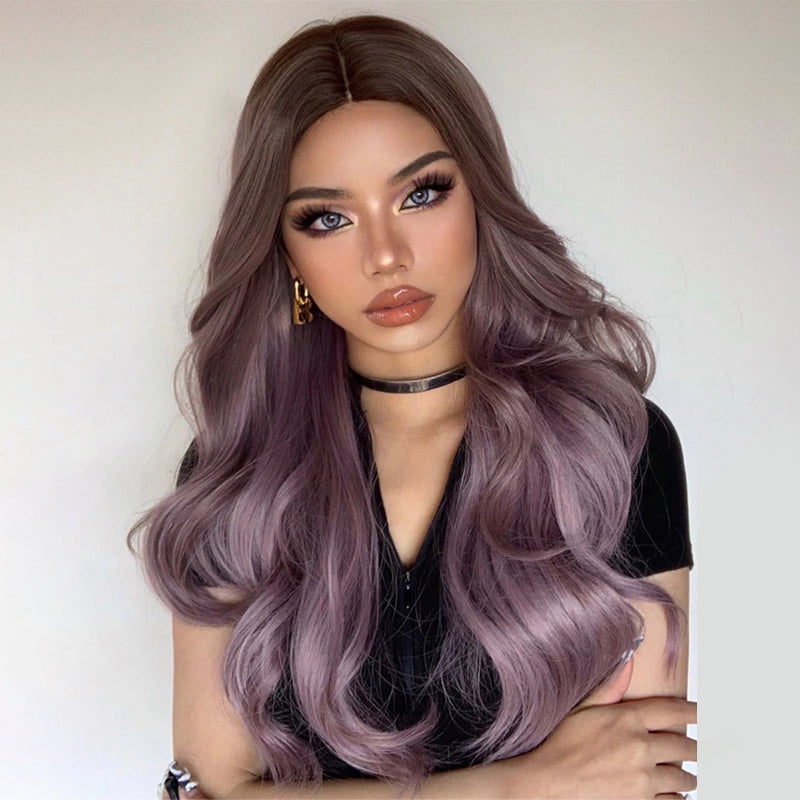 Women's Ombre Wig Brown Purple Synthetic Heat-Resistant Long Wavy