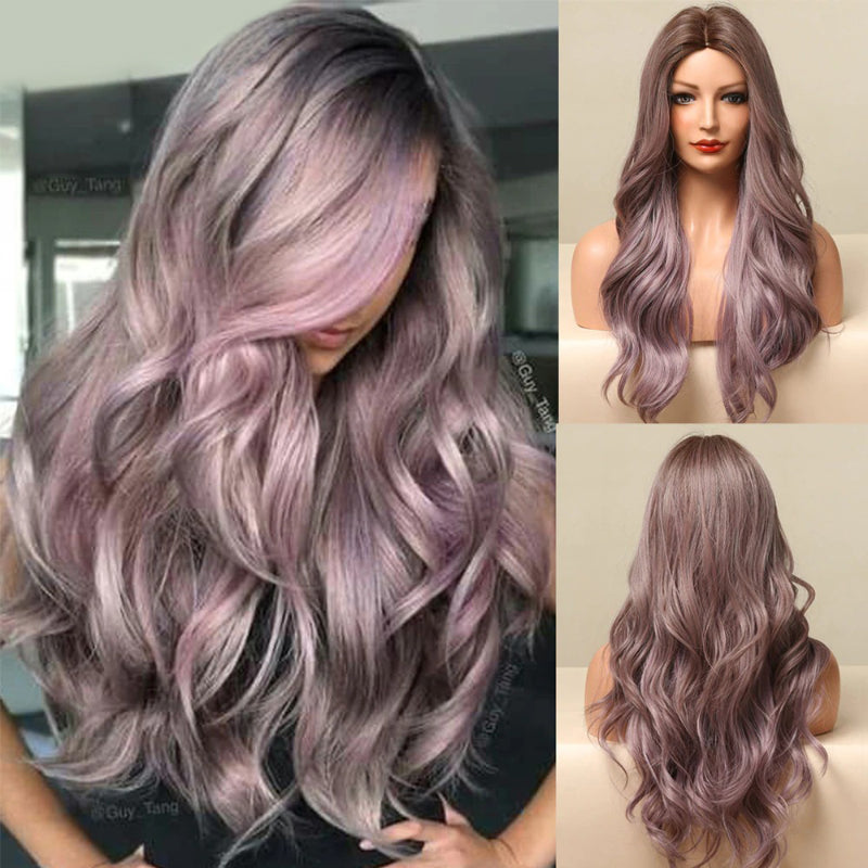 Women's Ombre Wig Brown Purple Synthetic Heat-Resistant Long Wavy
