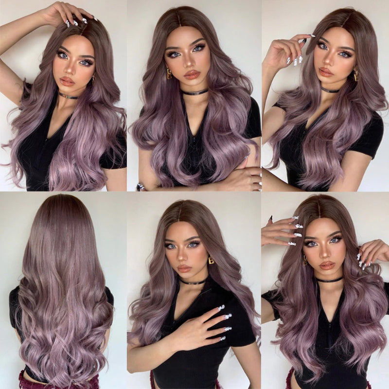 Women's Ombre Wig Brown Purple Synthetic Heat-Resistant Long Wavy
