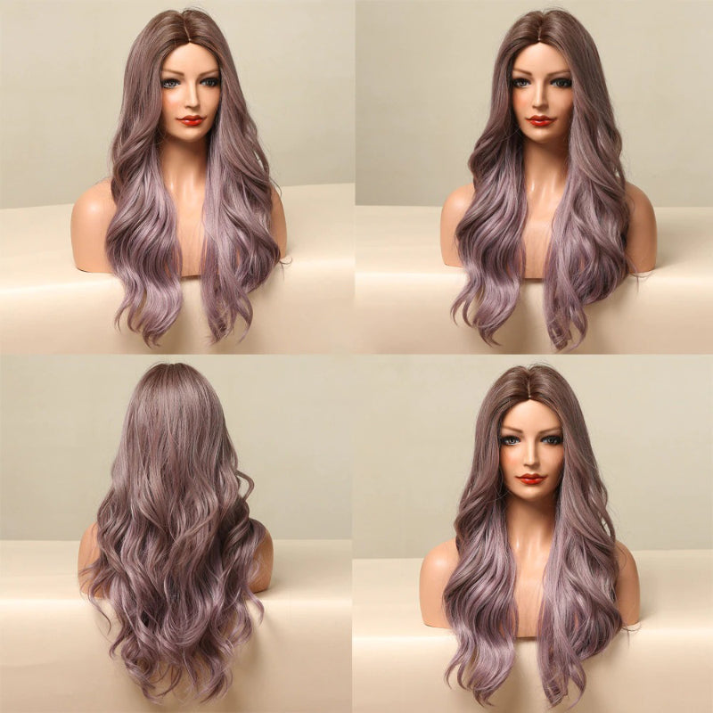 Women's Ombre Wig Brown Purple Synthetic Heat-Resistant Long Wavy