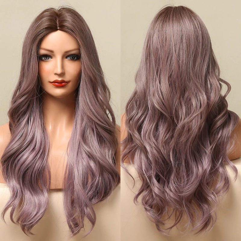Women's Ombre Wig Brown Purple Synthetic Heat-Resistant Long Wavy