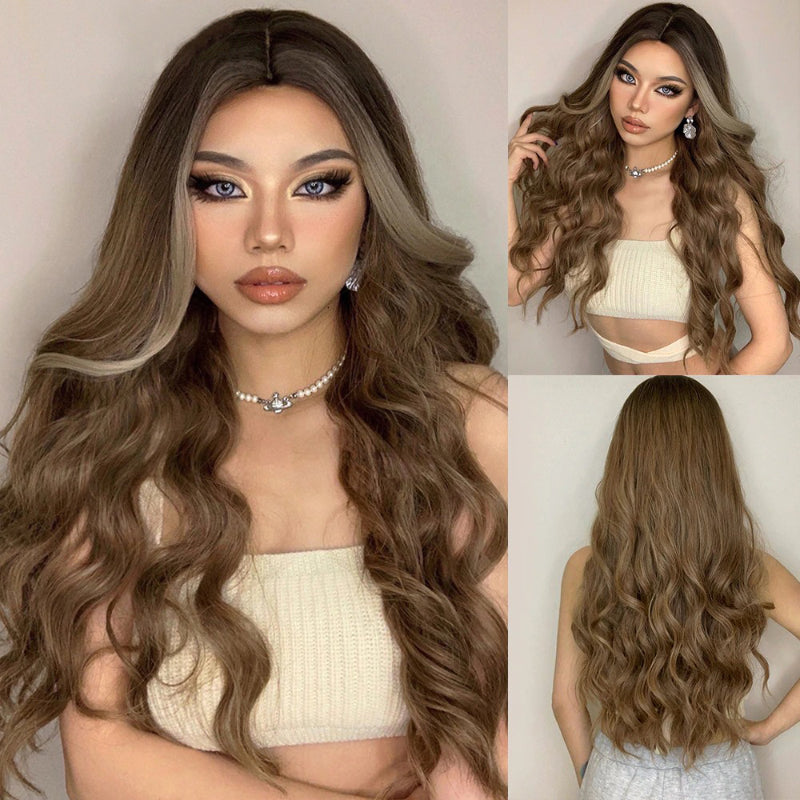 Women's Ombre Wig Brown Purple Synthetic Heat-Resistant Long Wavy