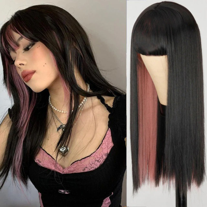 Women's Ombre Wig Pink and Black Long Straight High-Temperature Fiber