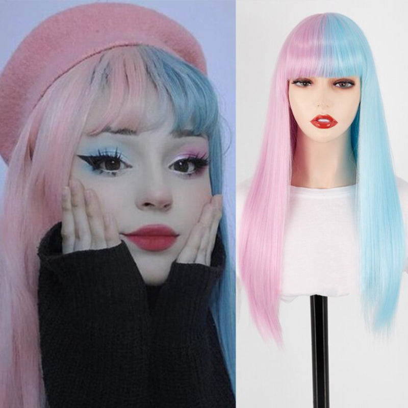 Women's Ombre Wig Pink and Black Long Straight High-Temperature Fiber