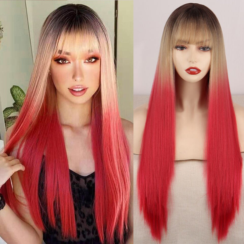 Women's Ombre Wig Pink and Black Long Straight High-Temperature Fiber