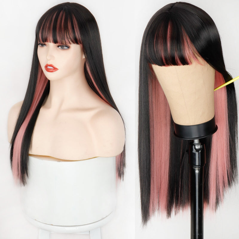 Women's Ombre Wig Pink and Black Long Straight High-Temperature Fiber