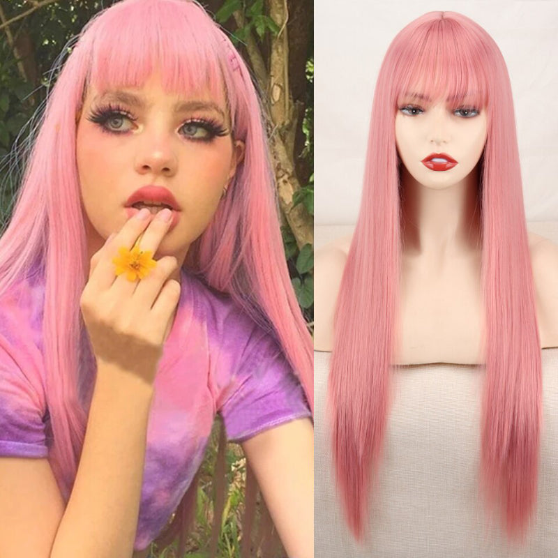 Women's Ombre Wig Pink and Black Long Straight High-Temperature Fiber