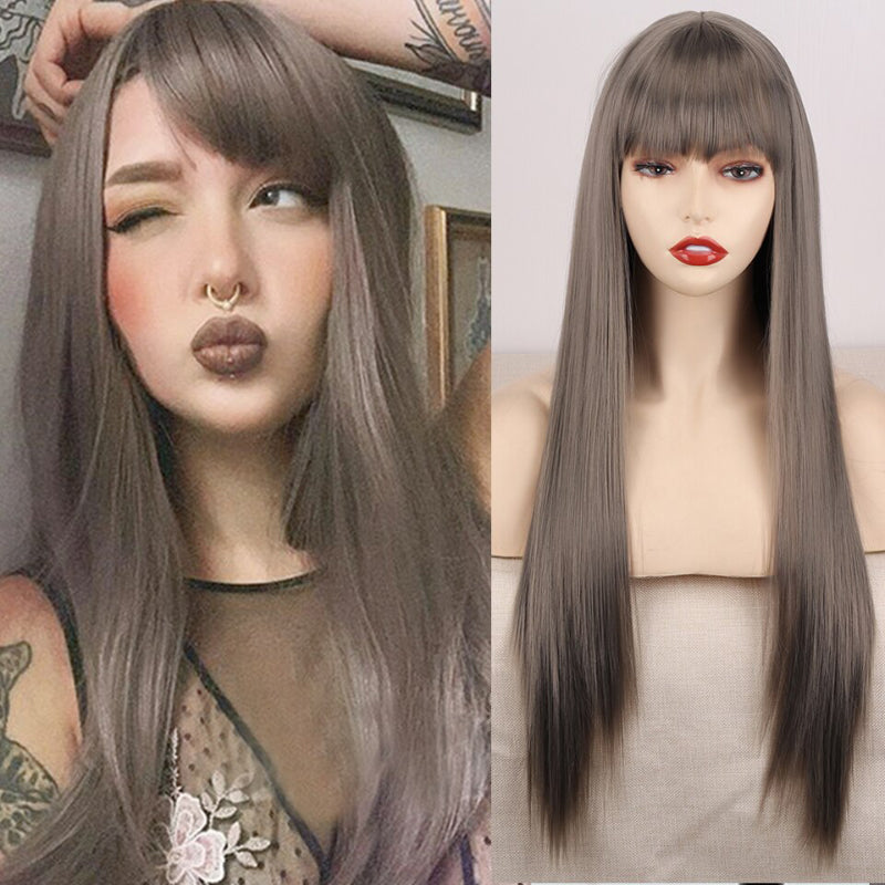 Women's Ombre Wig Pink and Black Long Straight High-Temperature Fiber