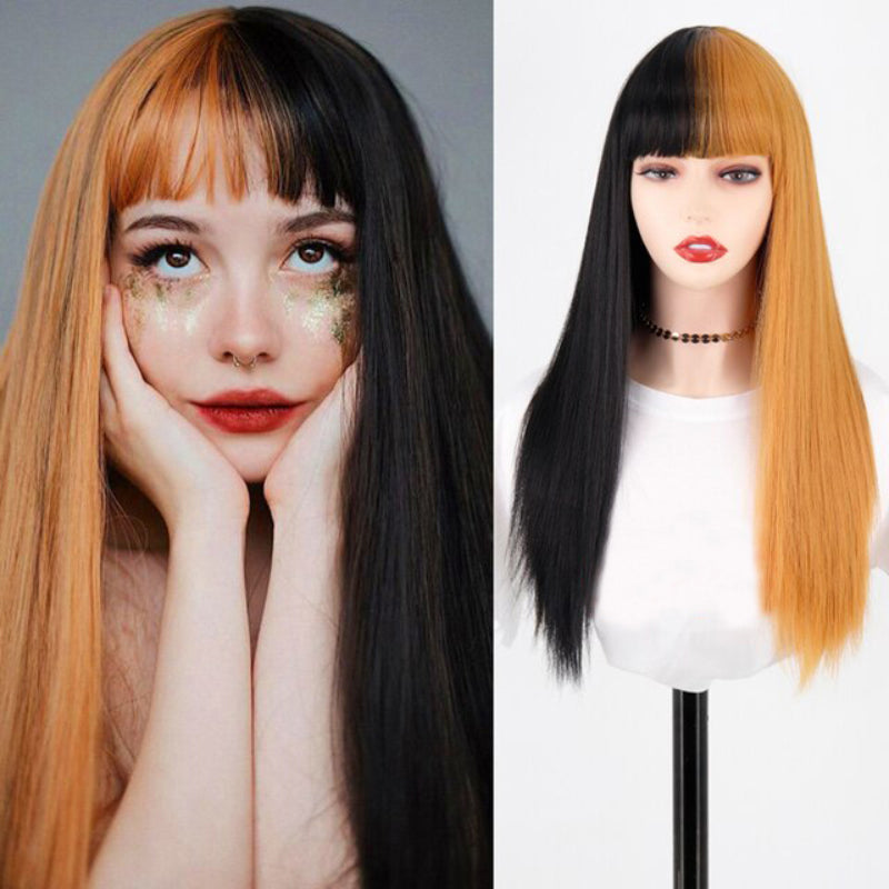 Women's Ombre Wig Pink and Black Long Straight High-Temperature Fiber