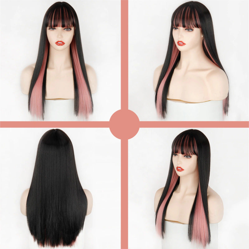 Women's Ombre Wig Pink and Black Long Straight High-Temperature Fiber