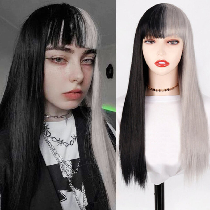 Women's Ombre Wig Pink and Black Long Straight High-Temperature Fiber