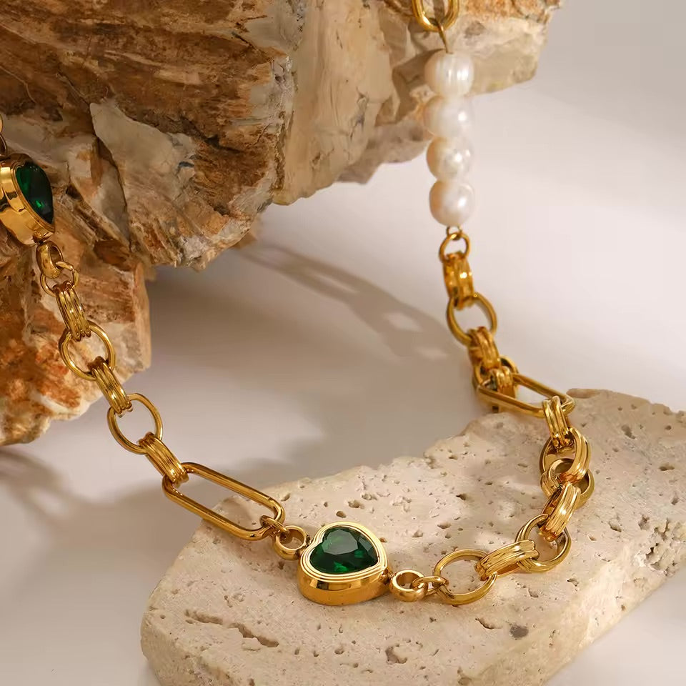 Women's Pearl Bracelet Green Stainless Steel-Plated 18k Gold