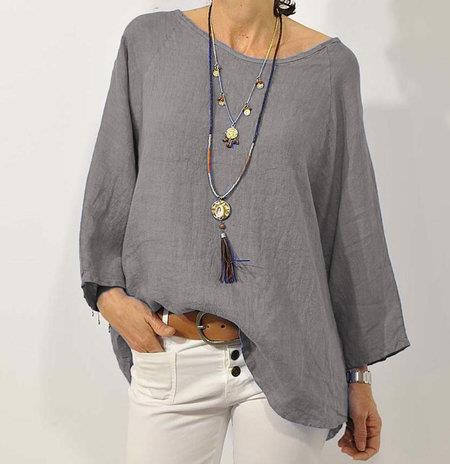 Women’s Relaxed Fit Cotton Linen Top with 3/4 Raglan Sleeves and Asymmetrical Hem