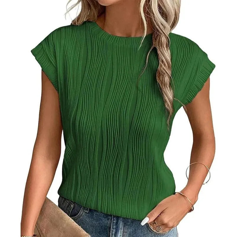 Women's Relaxed Fit Short-Sleeve Top with Pleated Texture – Casual Crewneck Shirt