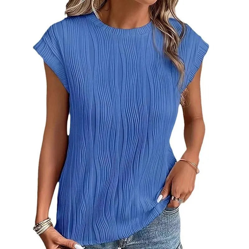 Women's Relaxed Fit Short-Sleeve Top with Pleated Texture – Casual Crewneck Shirt