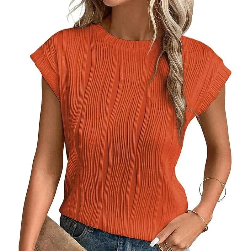 Women's Relaxed Fit Short-Sleeve Top with Pleated Texture – Casual Crewneck Shirt