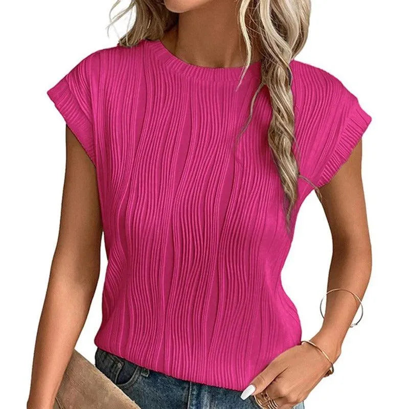 Women's Relaxed Fit Short-Sleeve Top with Pleated Texture – Casual Crewneck Shirt