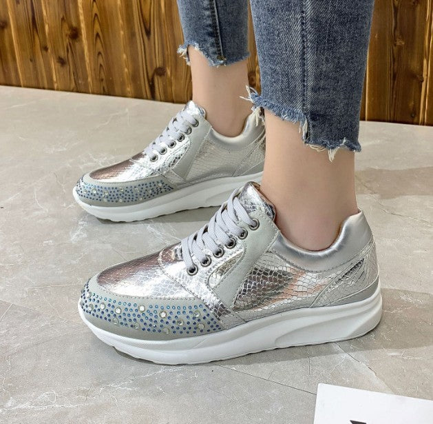 Women’s Rhinestone Detail Sneakers with Snakeskin Texture – Lace-Up Athletic Shoes