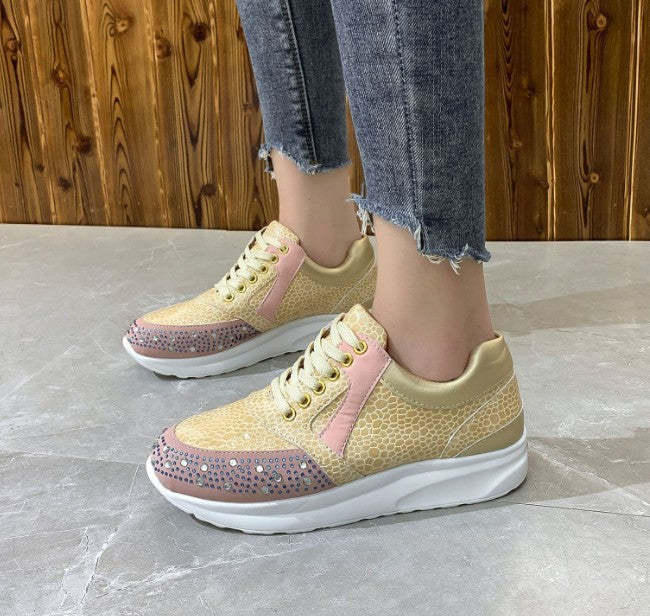 Women’s Rhinestone Detail Sneakers with Snakeskin Texture – Lace-Up Athletic Shoes