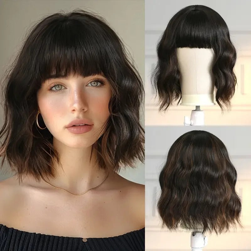 Women's Short Bob Wig Brown Synthetic Hair with Bangs