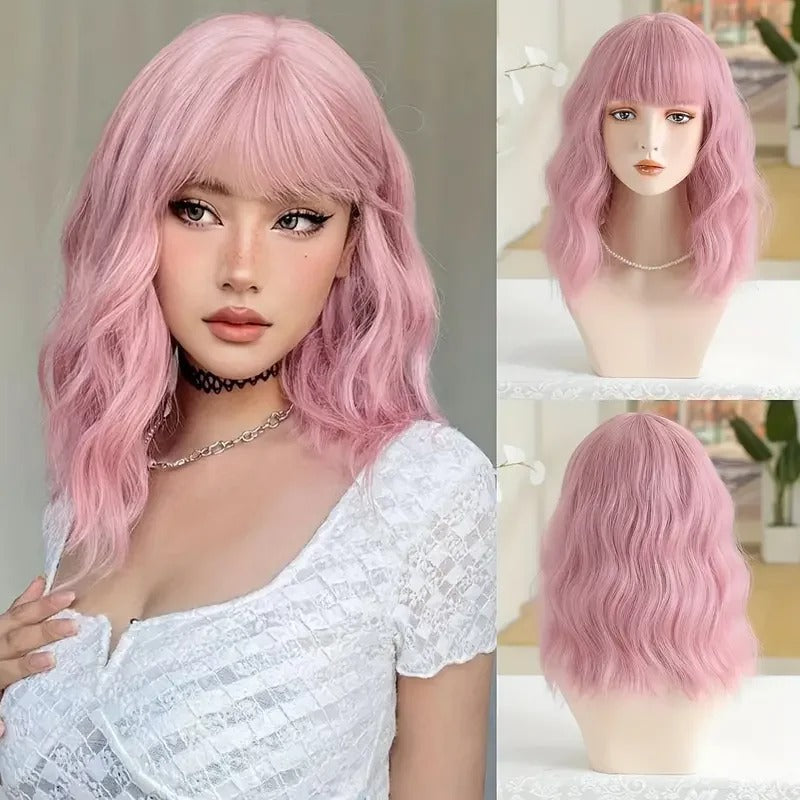 Women's Short Bob Wig Brown Synthetic Hair with Bangs