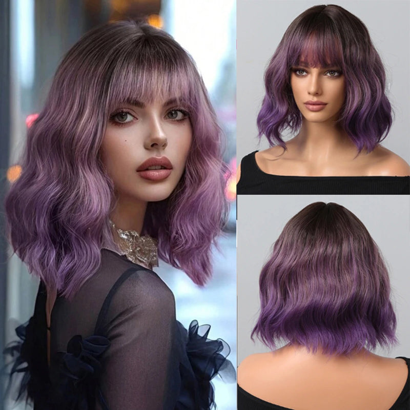 Women's Short Bob Wig Brown Synthetic Hair with Bangs