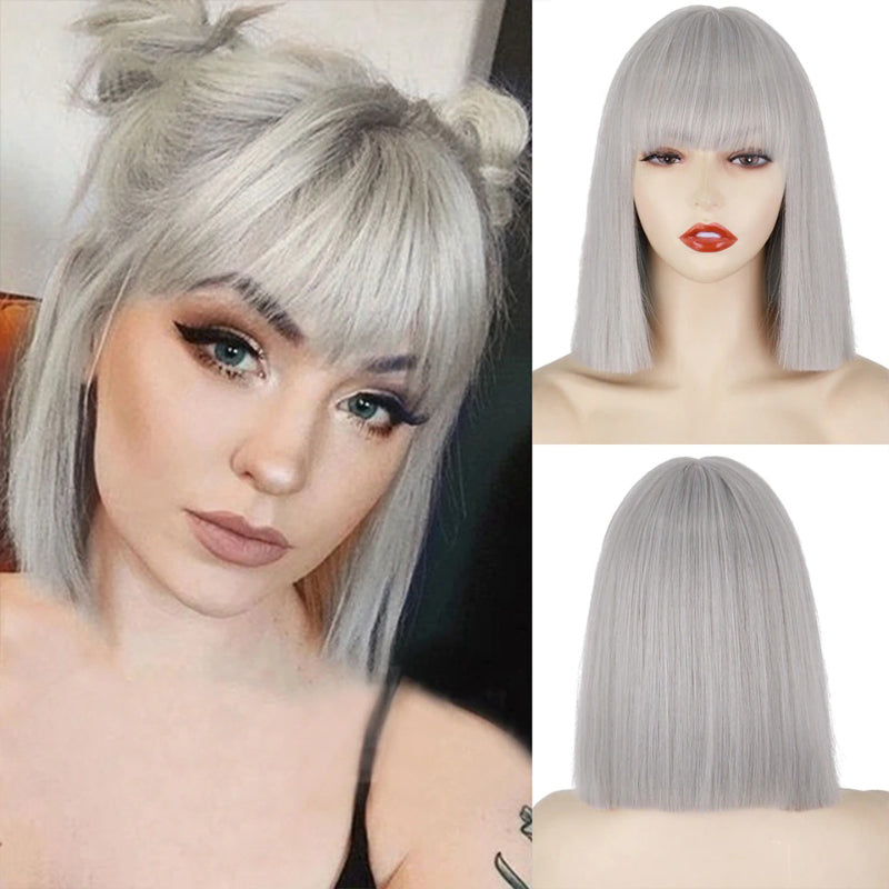 Women's Short Bob Wig Silver Gray High-Temperature Fiber