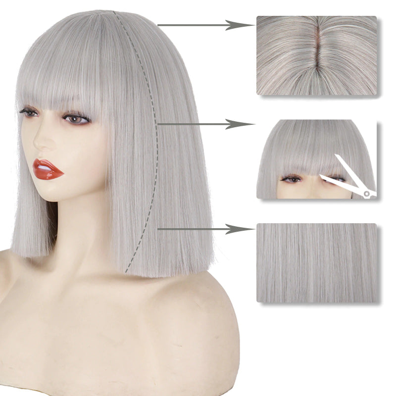 Women's Short Bob Wig Silver Gray High-Temperature Fiber