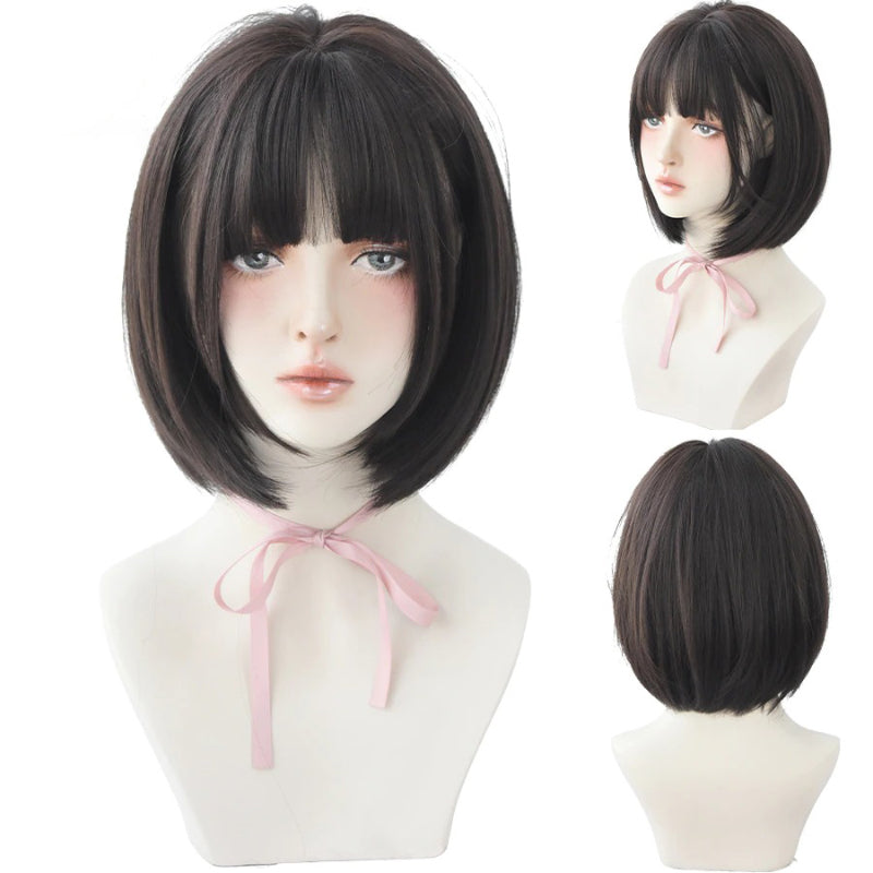 Women's Short Wig Black Heat Resistant Synthetic Hair with Bangs