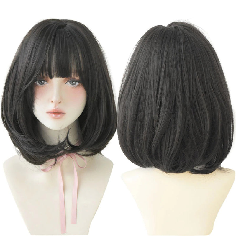 Women's Short Wig Black Heat Resistant Synthetic Hair with Bangs