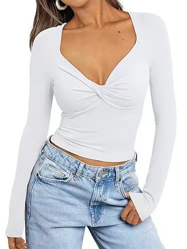 Women’s Slim Fit Long Sleeve V-Neck Cropped T-Shirt in Stretch Cotton