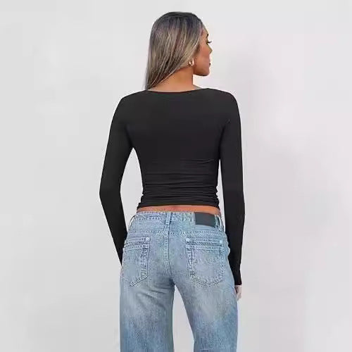 Women’s Slim Fit Long Sleeve V-Neck Cropped T-Shirt in Stretch Cotton