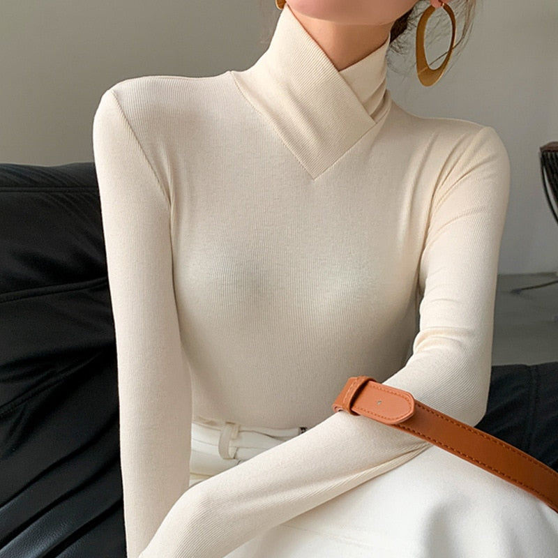 Women's Slim Fit Turtleneck Long Sleeve Top in Ivory, Coffee, and Black