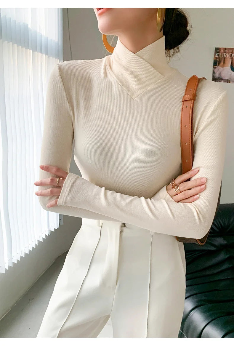 Women's Slim Fit Turtleneck Long Sleeve Top in Ivory, Coffee, and Black