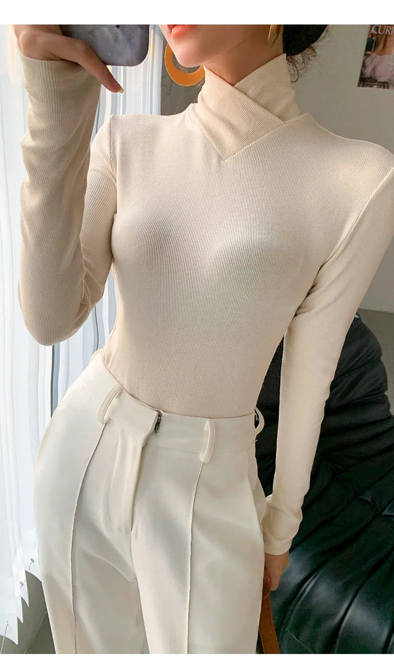 Women's Slim Fit Turtleneck Long Sleeve Top in Ivory, Coffee, and Black