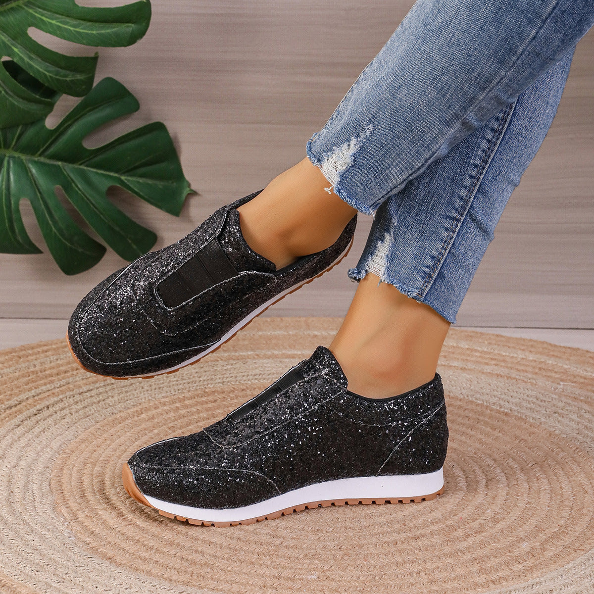Women's Slip-On Sneakers with Sequin Upper and Cushioned Sole - Low Profile Casual Shoes