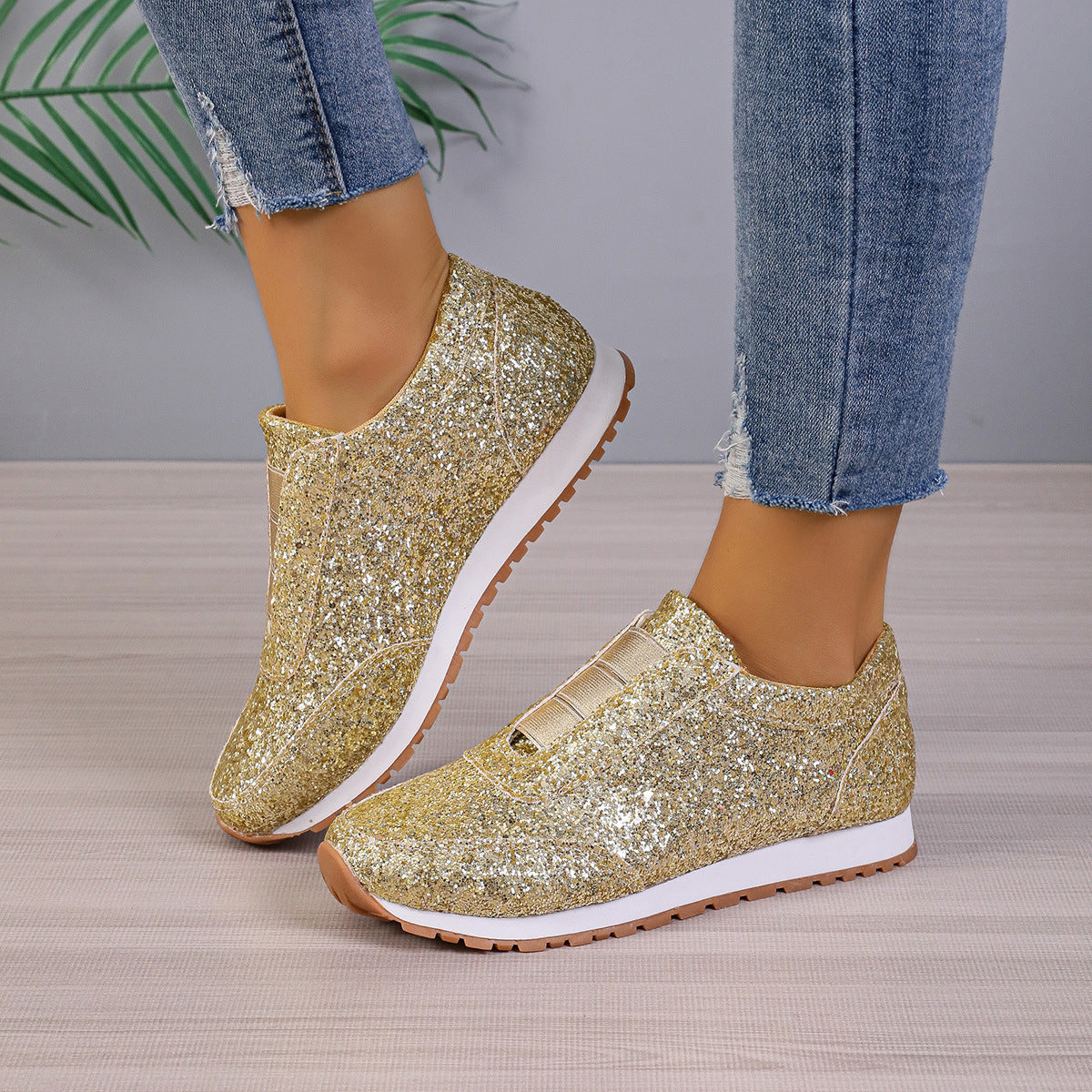 Women's Slip-On Sneakers with Sequin Upper and Cushioned Sole - Low Profile Casual Shoes